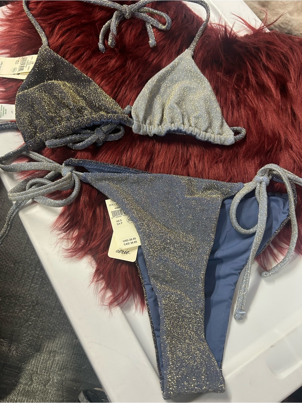 NWT Aerie Navy and Grey Sparkle Bikini Set (Top and Bottom)